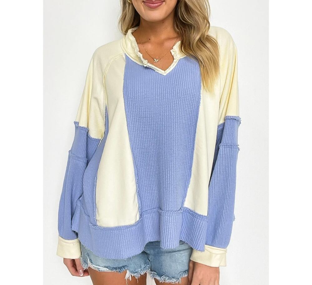 POL Colorblock Thermal Top Small Blue Cream Raw Edge Waffle Knit Boho Pullover